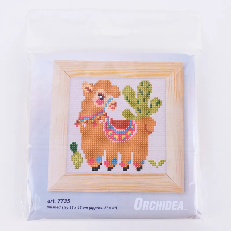 Zweigart Stickbild Stickset Kreuzstich-Kit Lama mit Holzrahmen ca. 13x13cm Neu Im Sortiment