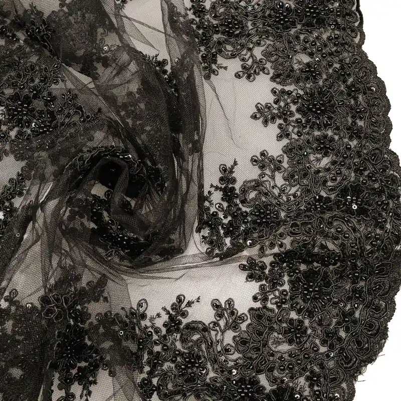 3D Bogen Tüll- Spitze mit Perlen & Pailletten uni - schwarz Sonderaktion