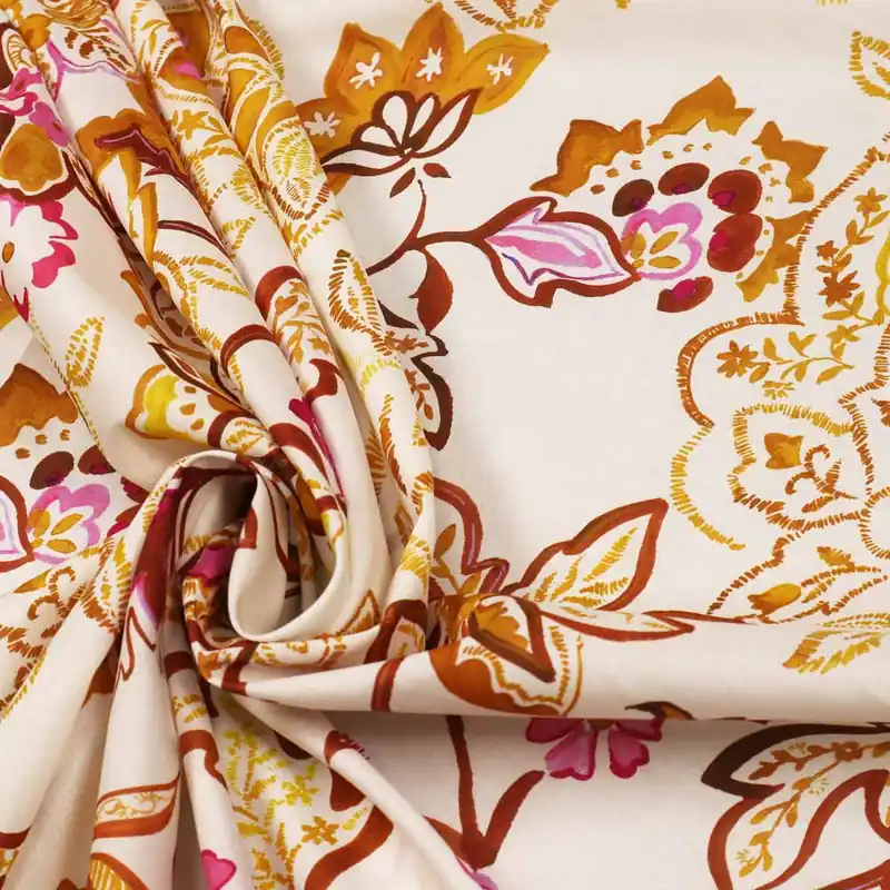 Zertifiziert Baumwoll- Popeline Fantasie Blumen - wollweiss/ocker/pink/fuchsia/braun