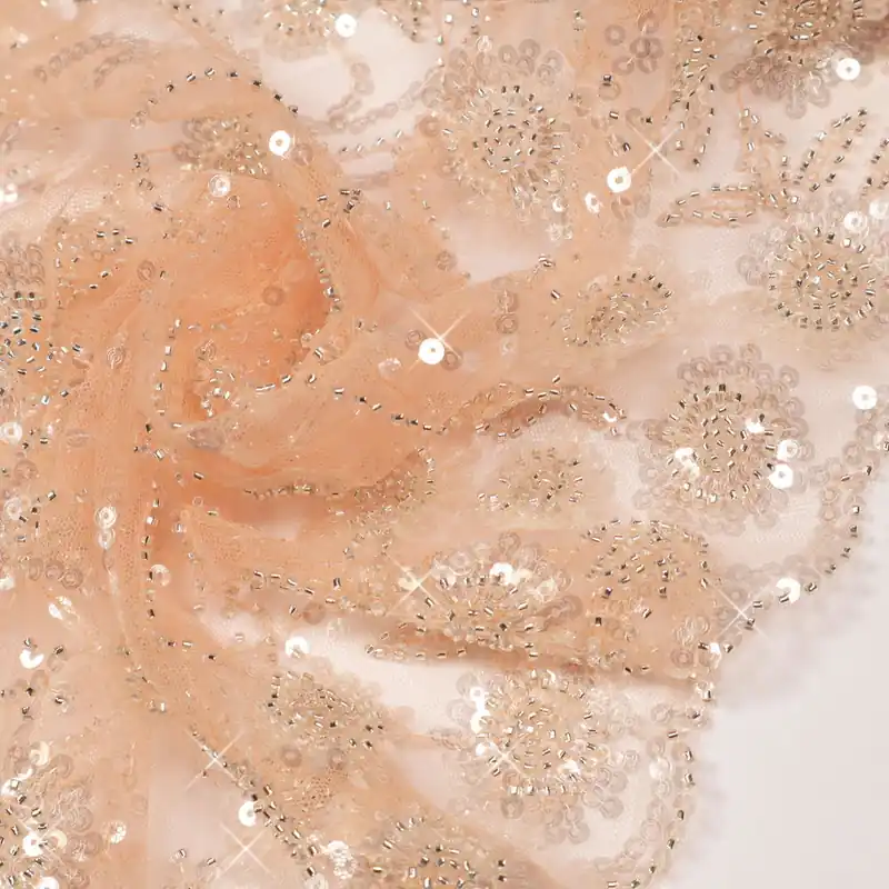 3D Bogen Tüll- Spitze mit Glasperlen & Pailletten - apricot/silber Begrenztes Angebot