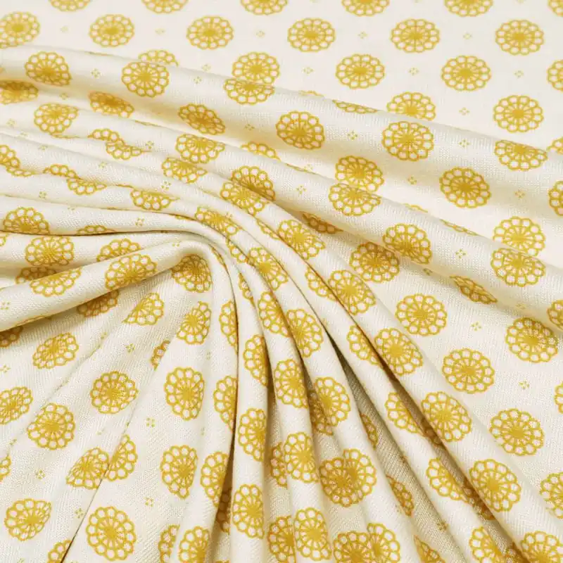 Zertifiziert Viskosejersey Mandala Blumen -creme/senfgelb