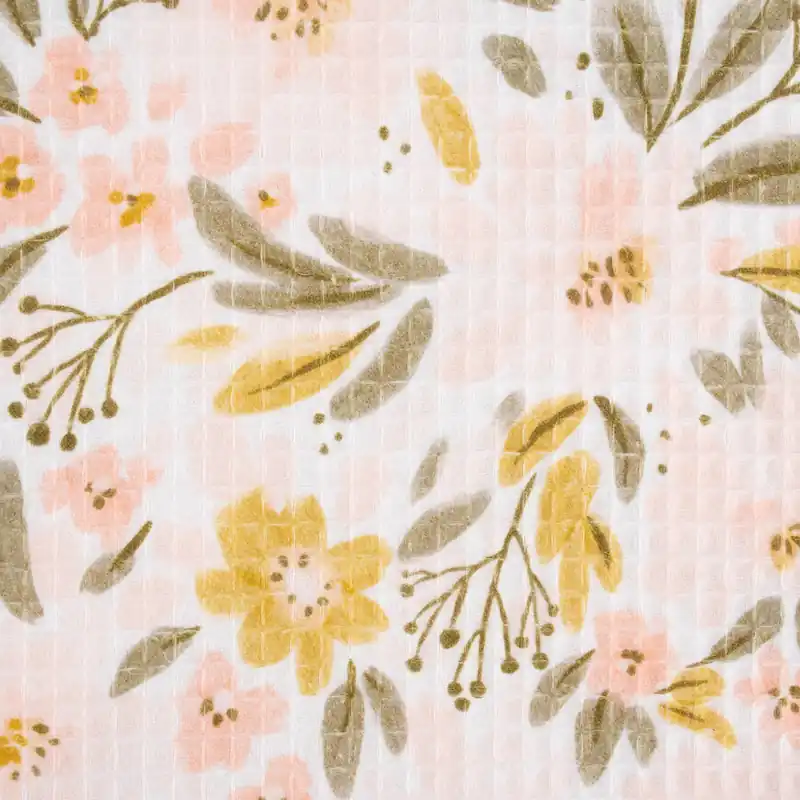 Ab Werk Bekleidungsstoff Waffelpique Digitaldruck Blumen Blätter weiß rosa senf grün 1,45m Breite