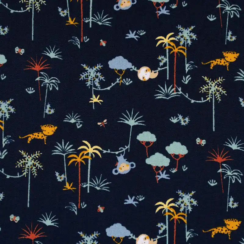 Ab Werk Baumwollstoff Organic Bio Popeline LITTLE SAFARI Dschungel Affe dunkelblau bunt 1,45m Breite