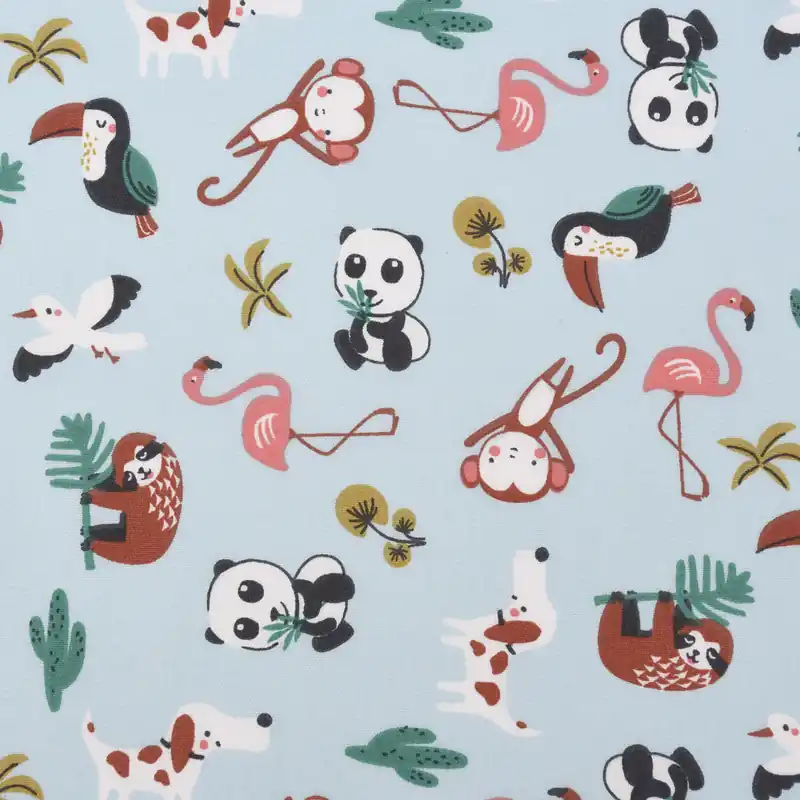 Ab Werk Baumwollstoff MATAHI Tiere Kaktus Blätter hellblau bunt 1,5m Breite