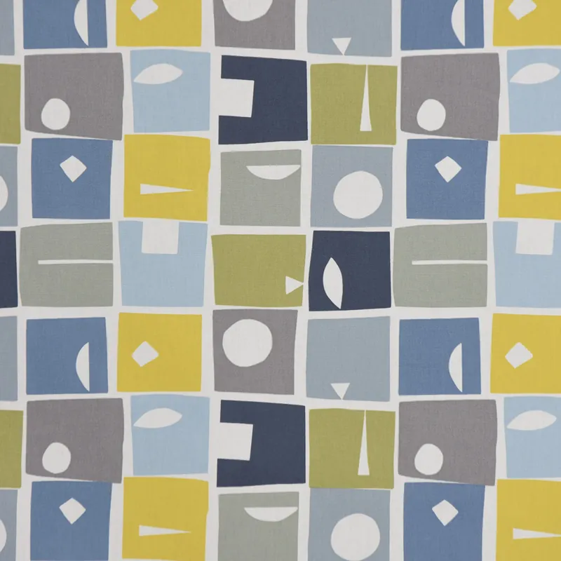 Zertifiziert Panama Dekostoff Baumwollstoff Bonnie Bluebell Vierecke Retro blau gelb 138cm Breite