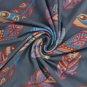 Ab Werk Baumwolljersey Royal - Bunte Federn dunkelgrau