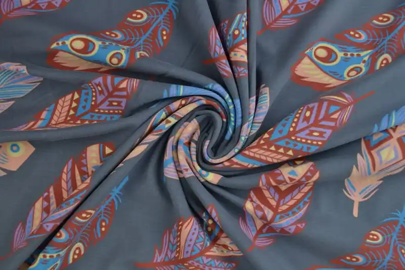 Ab Werk Baumwolljersey Royal - Bunte Federn dunkelgrau